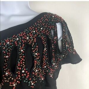 Anthro  beaded one shoulder sleeve blouse